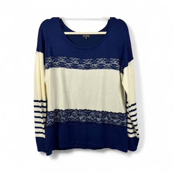 Hannah Tops - HANNAH Blue Striped With Hem Lace,XL,Cute Trim,Long Sleeve